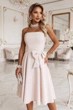 692-2 NAYA Elegant strapless corset midi dress with a bow - light beige-10