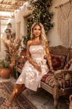 692-2 NAYA Elegant strapless corset midi dress with a bow - light beige-8