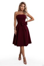 692-3 NAYA Elegant strapless corset midi dress with a bow - burgundy-11