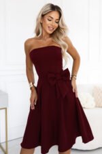 692-3 NAYA Elegant strapless corset midi dress with a bow - burgundy-6