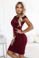 693-1 Fitted pencil dress with short sleeves and a decorative neckline - burgundy-4