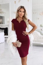693-1 Fitted pencil dress with short sleeves and a decorative neckline - burgundy-5