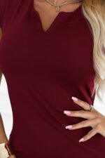 693-1 Fitted pencil dress with short sleeves and a decorative neckline - burgundy-7