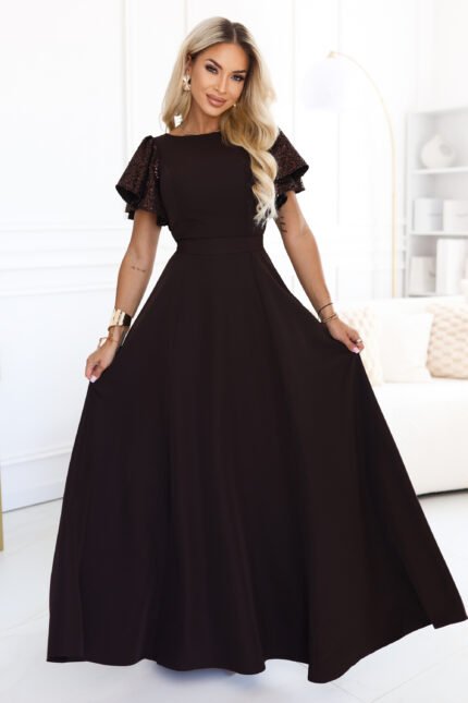 694-2 MIRELLA Elegant flared maxi dress with sequin sleeves - chocolate brown-1