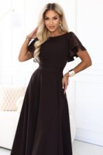 694-2 MIRELLA Elegant flared maxi dress with sequin sleeves - chocolate brown-7