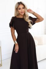 694-2 MIRELLA Elegant flared maxi dress with sequin sleeves - chocolate brown-2