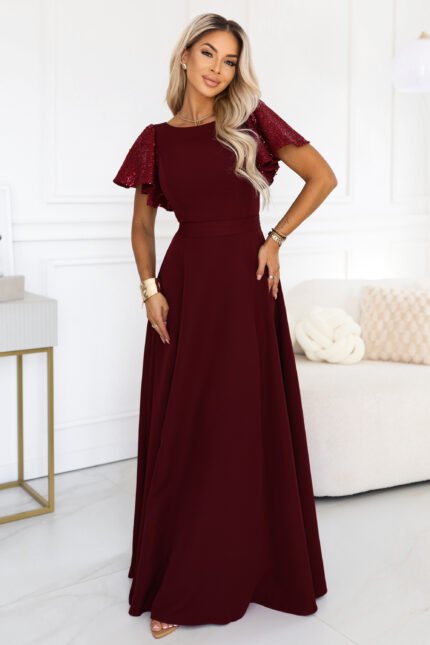 694-3 MIRELLA Elegant flared maxi dress with sequin sleeves - burgundy-1