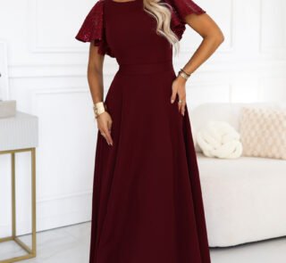 694-3 MIRELLA Elegant flared maxi dress with sequin sleeves - burgundy-1