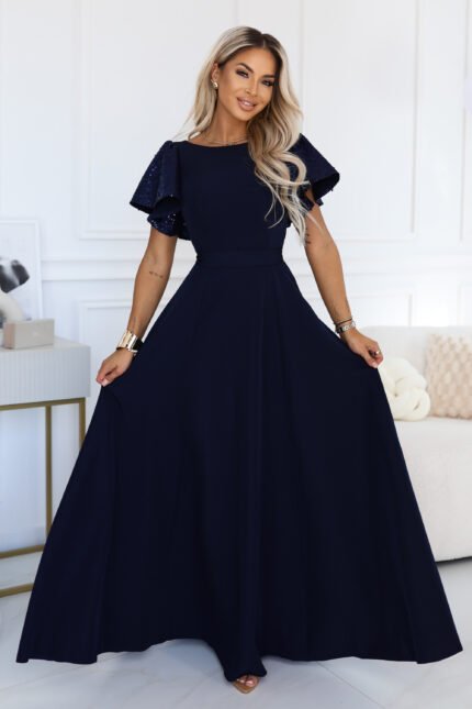 694-4 MIRELLA Elegant flared maxi dress with sequin sleeves - navy blue-1