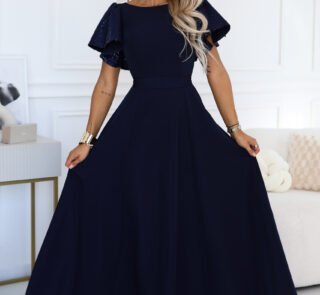 694-4 MIRELLA Elegant flared maxi dress with sequin sleeves - navy blue-1