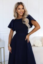 694-4 MIRELLA Elegant flared maxi dress with sequin sleeves - navy blue-2