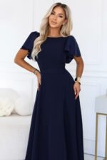 694-4 MIRELLA Elegant flared maxi dress with sequin sleeves - navy blue-8