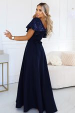 694-4 MIRELLA Elegant flared maxi dress with sequin sleeves - navy blue-3