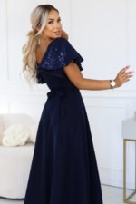 694-4 MIRELLA Elegant flared maxi dress with sequin sleeves - navy blue-6