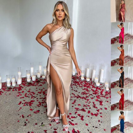 Satin Dress One-shoulder Backless Slit