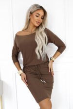 13-173 Sporty midi dress with pockets and a waist tie - mocha brown-1