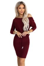 13-174 Sporty midi dress with pockets and a waist tie - burgundy-8