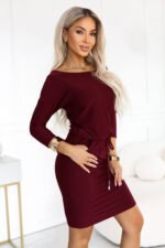 13-174 Sporty midi dress with pockets and a waist tie - burgundy-2