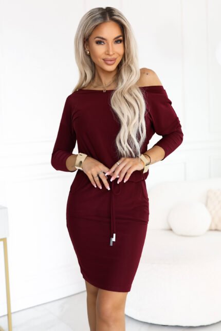 13-174 Sporty midi dress with pockets and a waist tie - burgundy-1