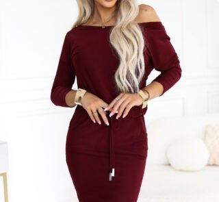 13-174 Sporty midi dress with pockets and a waist tie - burgundy-1