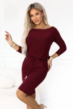13-174 Sporty midi dress with pockets and a waist tie - burgundy-6