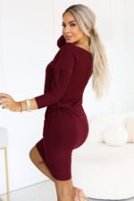 13-174 Sporty midi dress with pockets and a waist tie - burgundy-3