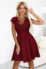 242-5 ANNA Lace dress with a neckline and flared skirt - burgundy-1