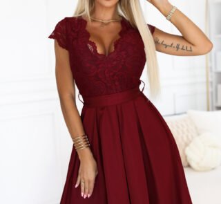 242-5 ANNA Lace dress with a neckline and flared skirt - burgundy-1