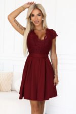242-5 ANNA Lace dress with a neckline and flared skirt - burgundy-4