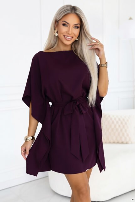 287-48 SOFIA Feminine butterfly dress with a waist tie - ripe plum-1