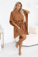 287-49 SOFIA Feminine butterfly dress with a waist tie - toffee-2