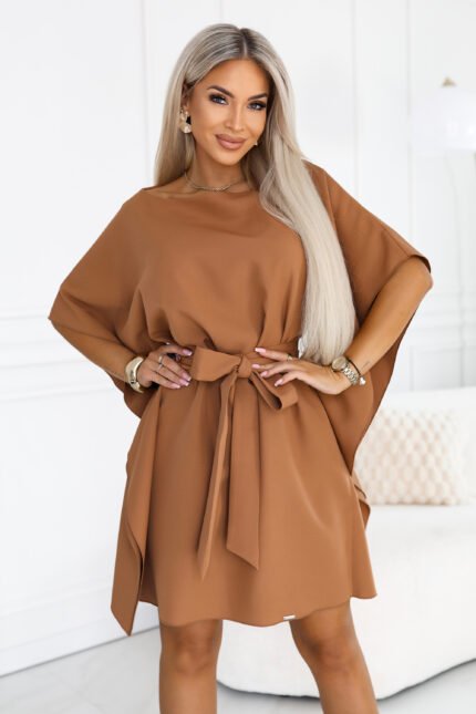 287-49 SOFIA Feminine butterfly dress with a waist tie - toffee-1