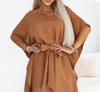 287-49 SOFIA Feminine butterfly dress with a waist tie - toffee-1