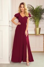 310-5 LIDIA long dress with a neckline and frills - burgundy color-1