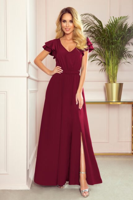 310-5 LIDIA long dress with a neckline and frills - burgundy color-1