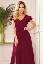 310-5 LIDIA long dress with a neckline and frills - burgundy color-3