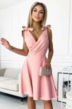 393-2 ROSALIA Feminine dress with an envelope neckline and bows - powder pink-4
