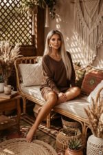 402-11 Comfortable batwing dress with long sleeves - milk chocolate-8