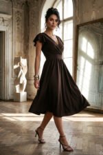 425-19 MATILDE Dress with a neckline and short sleeves - chocolate brown-6