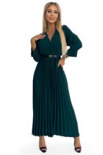 462-2 SERENA Pleated maxi dress with a neckline, belt and 3/4 sleeves - green-7