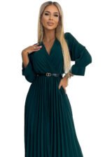 462-2 SERENA Pleated maxi dress with a neckline, belt and 3/4 sleeves - green-8