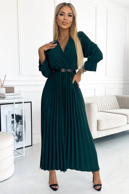 462-2 SERENA Pleated maxi dress with a neckline, belt and 3/4 sleeves - green-1