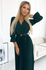 462-2 SERENA Pleated maxi dress with a neckline, belt and 3/4 sleeves - green-2