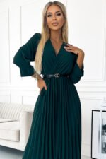 462-2 SERENA Pleated maxi dress with a neckline, belt and 3/4 sleeves - green-4
