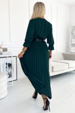 462-2 SERENA Pleated maxi dress with a neckline, belt and 3/4 sleeves - green-3