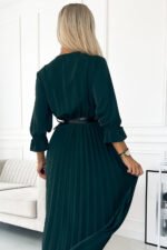 462-2 SERENA Pleated maxi dress with a neckline, belt and 3/4 sleeves - green-5