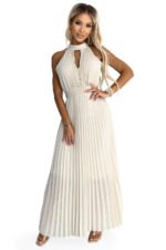 484-1 Pleated midi dress with a teardrop neckline - beige-7
