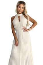 484-1 Pleated midi dress with a teardrop neckline - beige-8