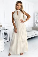 484-1 Pleated midi dress with a teardrop neckline - beige-1