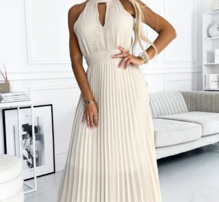 484-1 Pleated midi dress with a teardrop neckline - beige-1